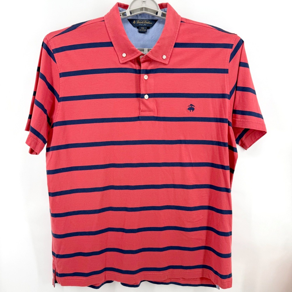 Brooks Brothers Polo Shirt Mens XXL Red Navy Striped Slim Fit Cotton Luxury - Picture 5 of 7